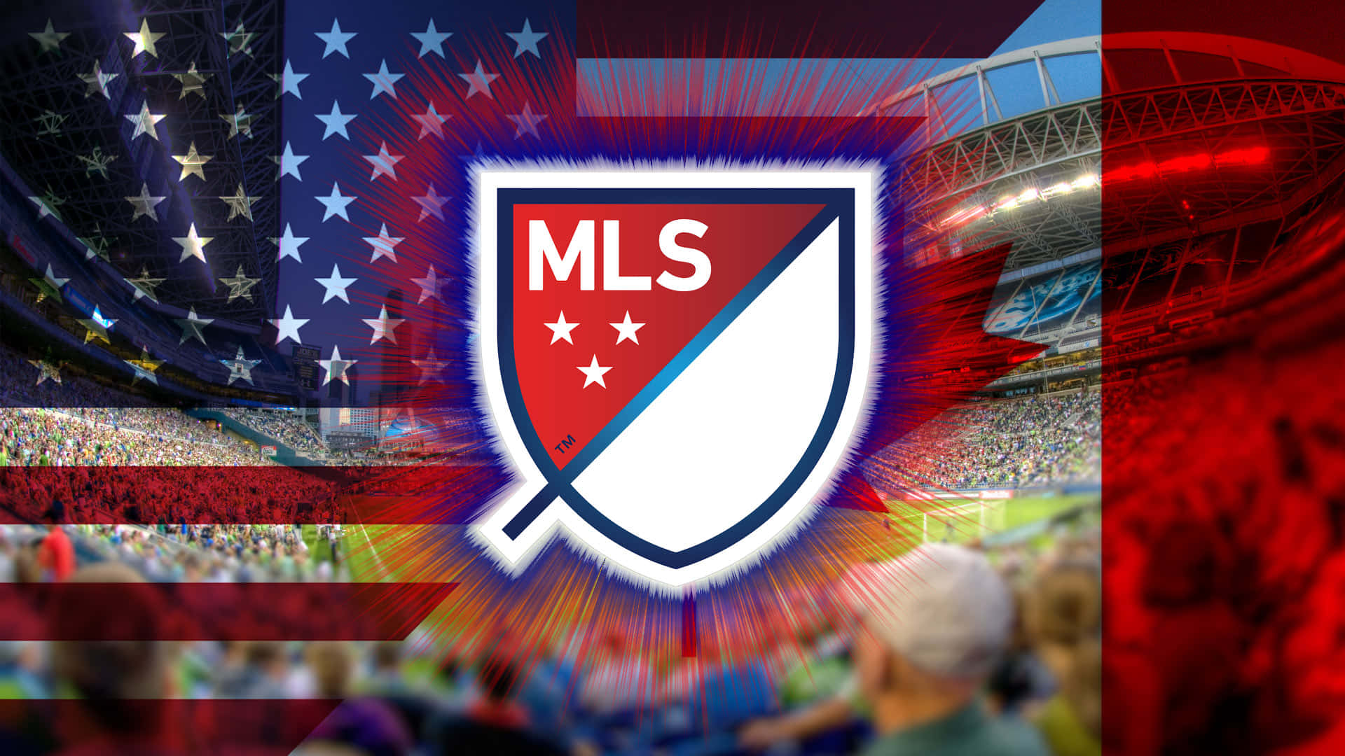 Mls 桌布 壁紙 — 充滿活力的MLS標誌從中心向外輻射，背景是模糊的體育場，帶有美國國旗元素和歡呼的球迷。