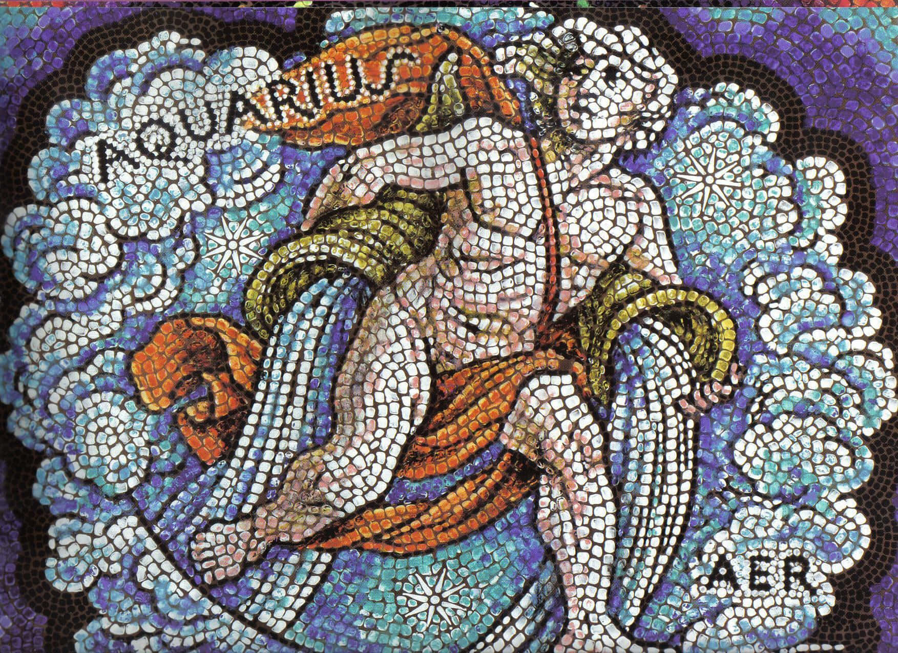 aquarius 桌布 壁紙 — 一幅充滿活力的馬賽克描繪了水瓶座在旋轉的藍色雲朵和星星中從水壺倒水。