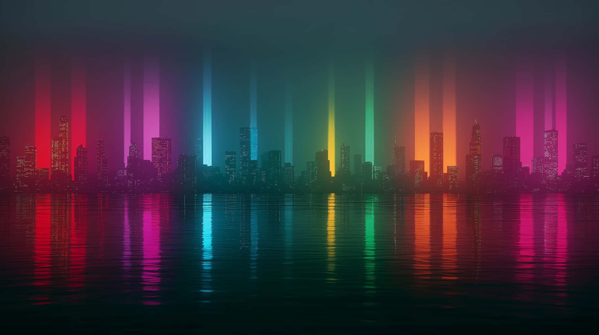 Vibrant Neon Cityscape Reflection on Water at Twilight 壁紙 — 未來城市天際線沐浴在垂直的紅、粉紅、青、綠和橙色霓虹光束中，倒映在平靜的水面上。