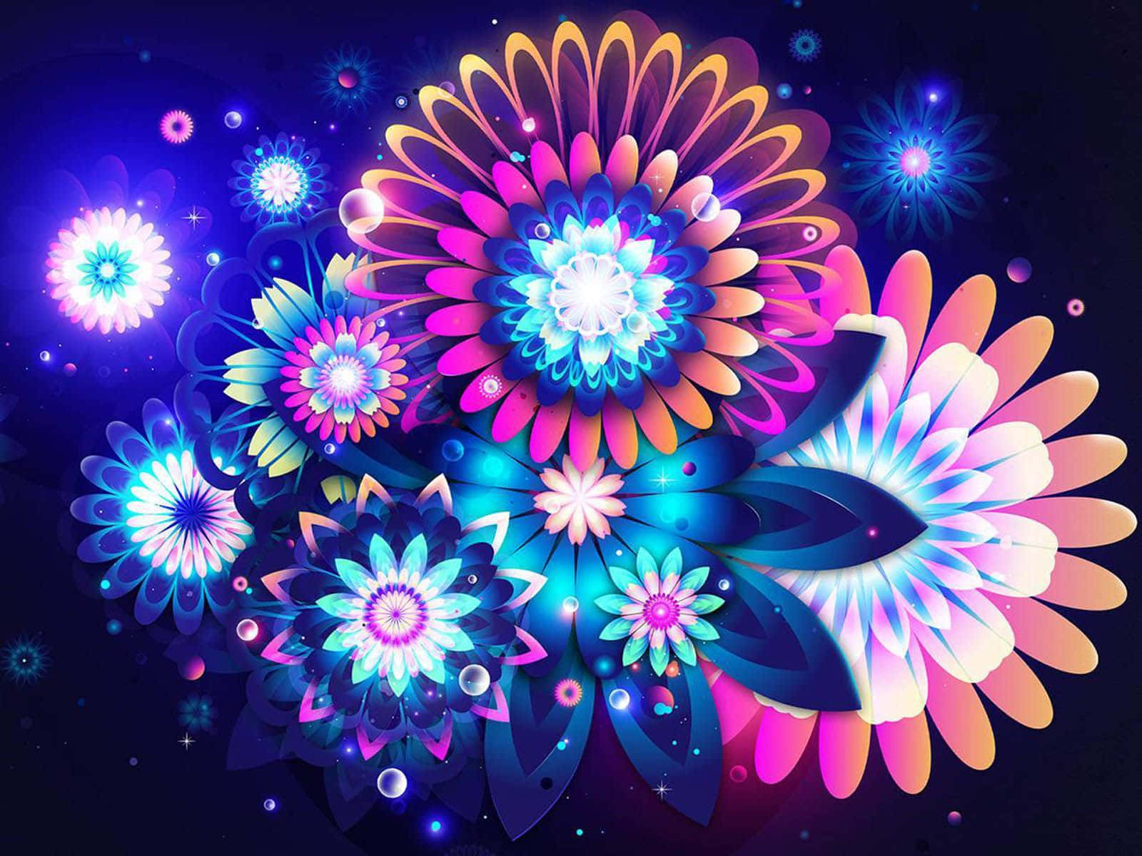 Abstract Rose 桌布 壁紙 — 鮮豔的霓虹花朵在黑暗的宇宙背景下綻放，帶有發光粒子和星狀閃光。