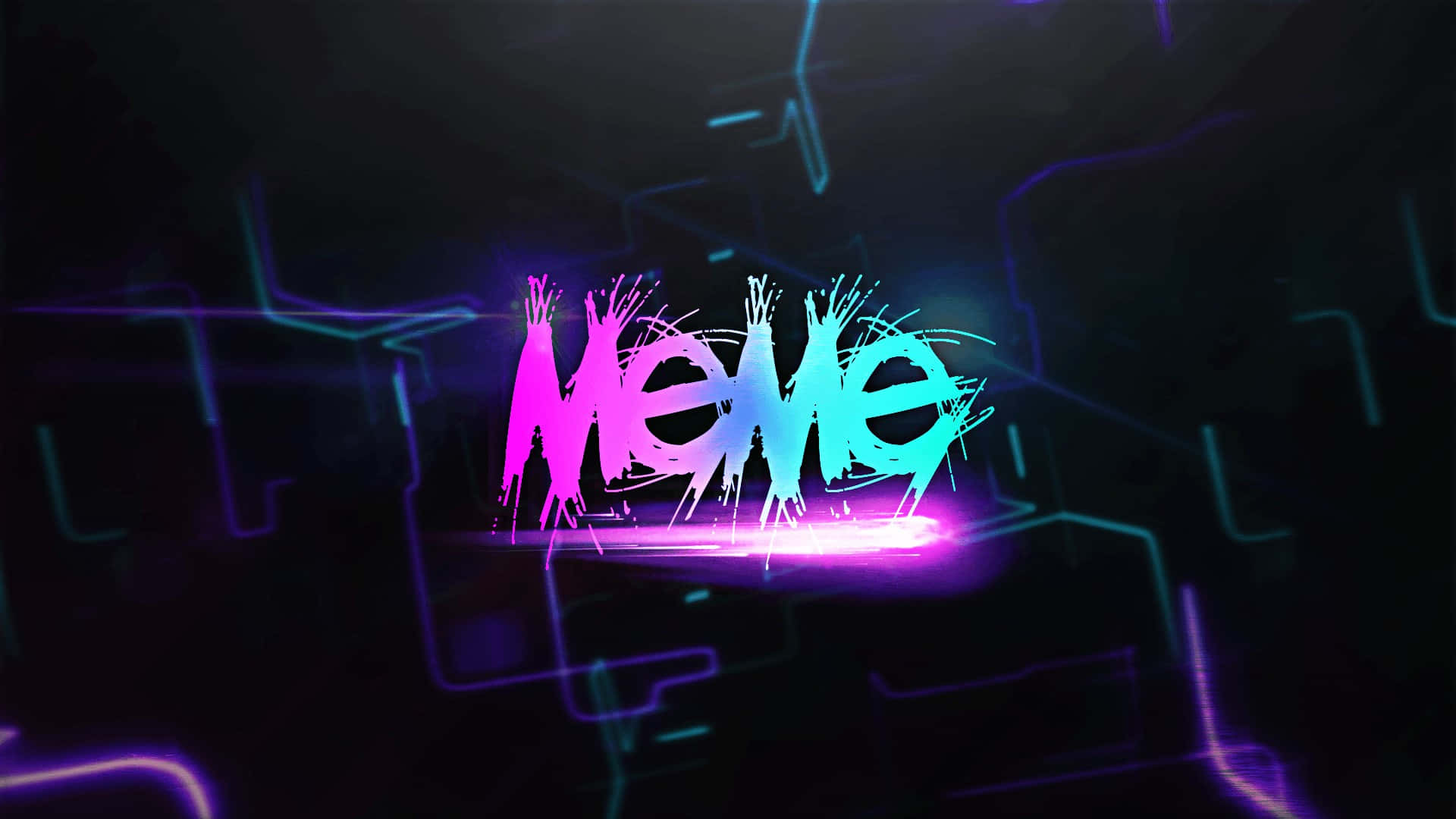 壁紙 — 充滿活力的霓虹塗鴉文字「Meme」在帶有電光紫和青色的深色數碼電路背景上發光。