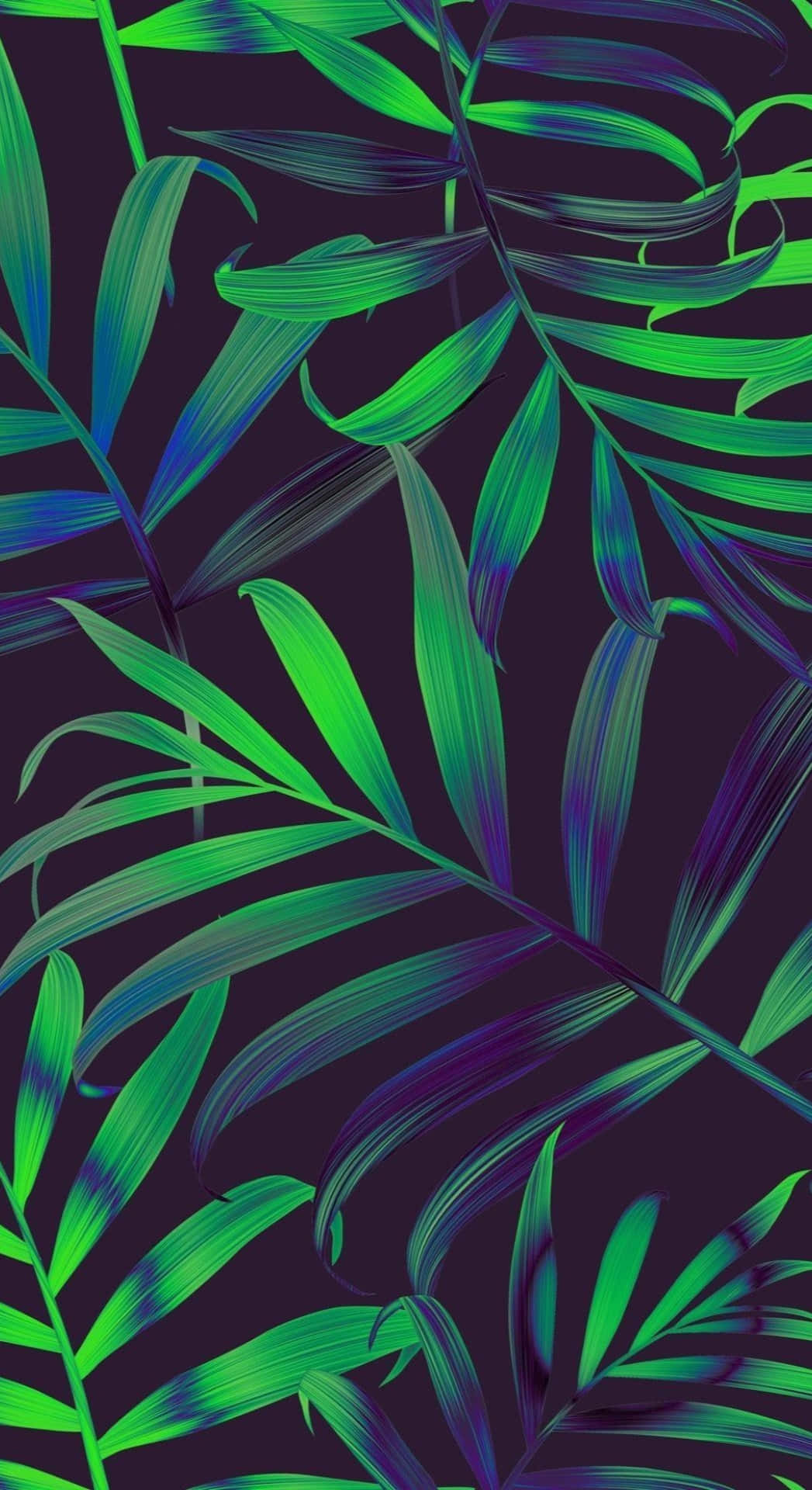  壁紙 — 鮮豔的螢光綠色和藍色棕櫚葉在深紫色背景上重疊的數位插圖。