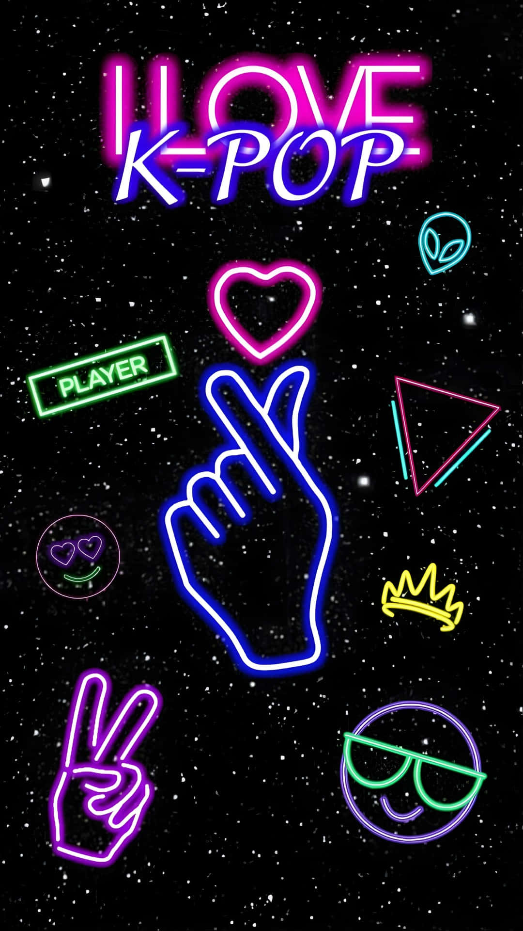  壁紙 — 充滿活力的霓虹K-pop圖示在繁星點點的夜空中漂浮，帶有發光的文字和符號。