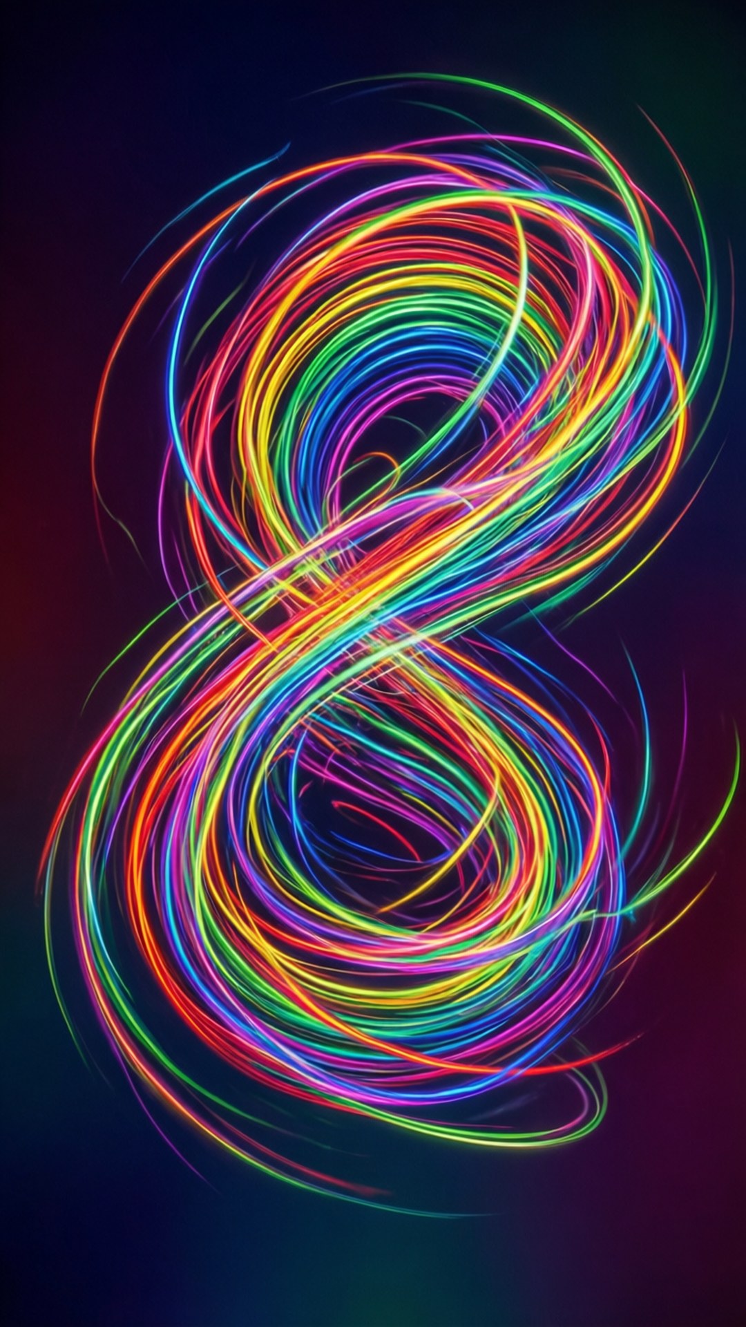Squiggle 桌布 壁紙 — 充滿活力的霓虹燈光軌跡在深色漸變背景上旋轉成發光的無限符號。