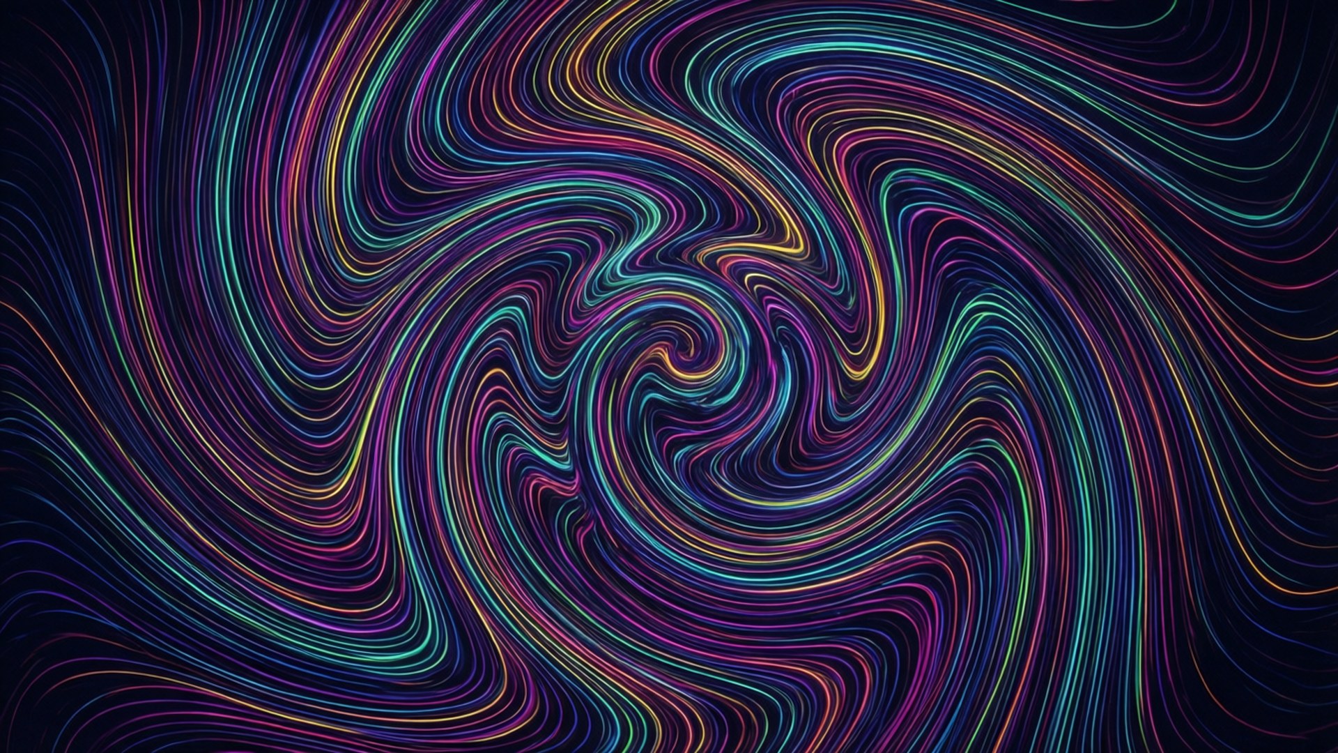 Line Vector 桌布 壁紙 — 鮮豔的霓虹線條在黑暗背景上以催眠般的運動旋轉，形成動態的數位漩渦。