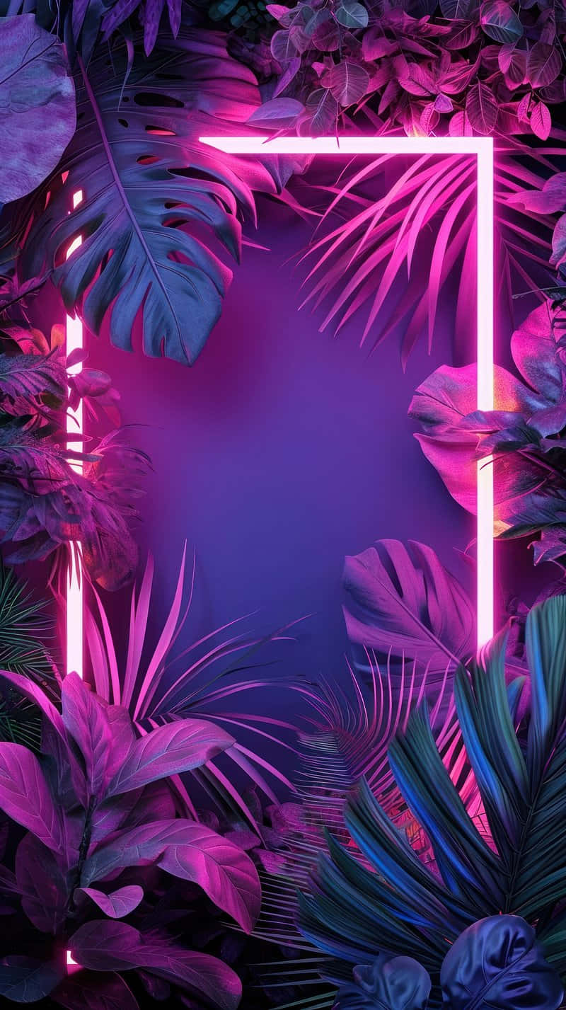  壁紙 — 充滿活力的霓虹粉紅色框架在深紫色燈光下，在茂密的熱帶植物中發光。