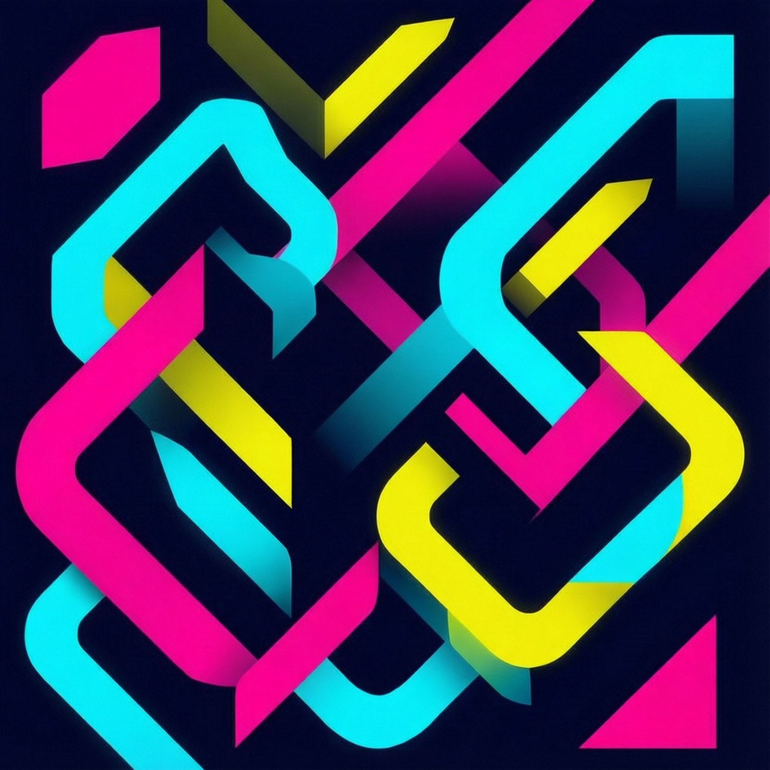 Vector Art 桌布 壁紙 — 鮮豔的霓虹粉紅、黃色和青色幾何形狀在深色背景上以動態3D渲染的抽象圖案交織在一起。