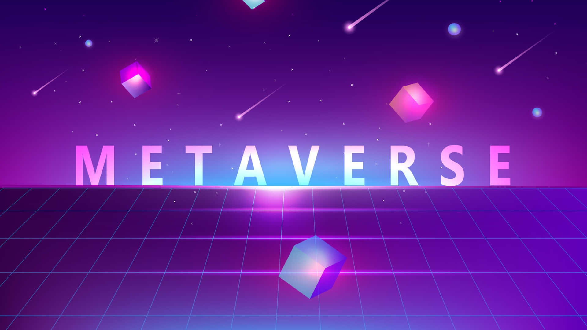  壁紙 — 充滿活力的霓虹紫色和藍色網格地板，下方是發光的「METaverse」文字，帶有浮動立方體和流星，在數位空間中。