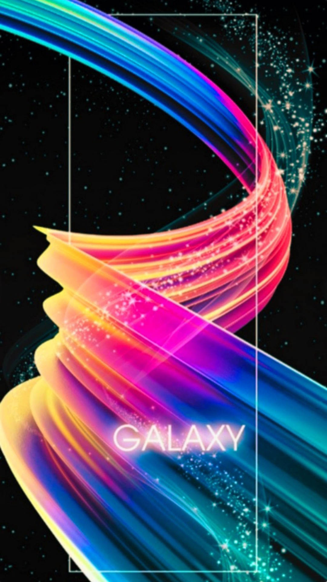 色彩繽紛的發光絲帶在太空中旋轉，帶有星星和GALAXY字樣。