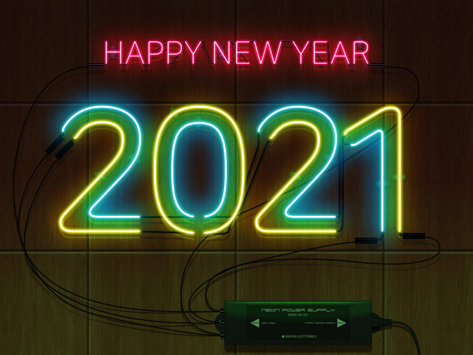 寫著Happy New Year 2021的霓虹燈牌安裝在木牆上，附有電源供應器。