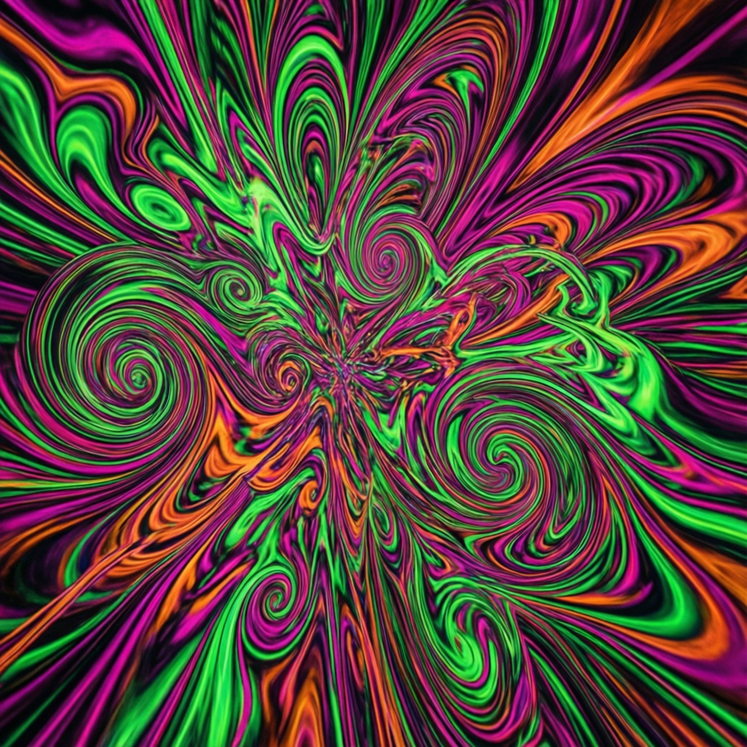 桌布 壁紙 — 充滿活力的綠色、洋紅色和橙色霓虹漩渦在黑色背景上向外爆炸，形成催眠般的迷幻漩渦。