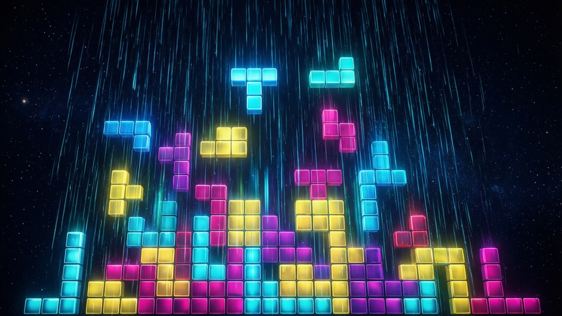 Tetris Effect 桌布 壁紙 — 充滿活力的霓虹俄羅斯方塊如雨般落下，映襯著星光閃爍的宇宙背景，散發著電光色調。
