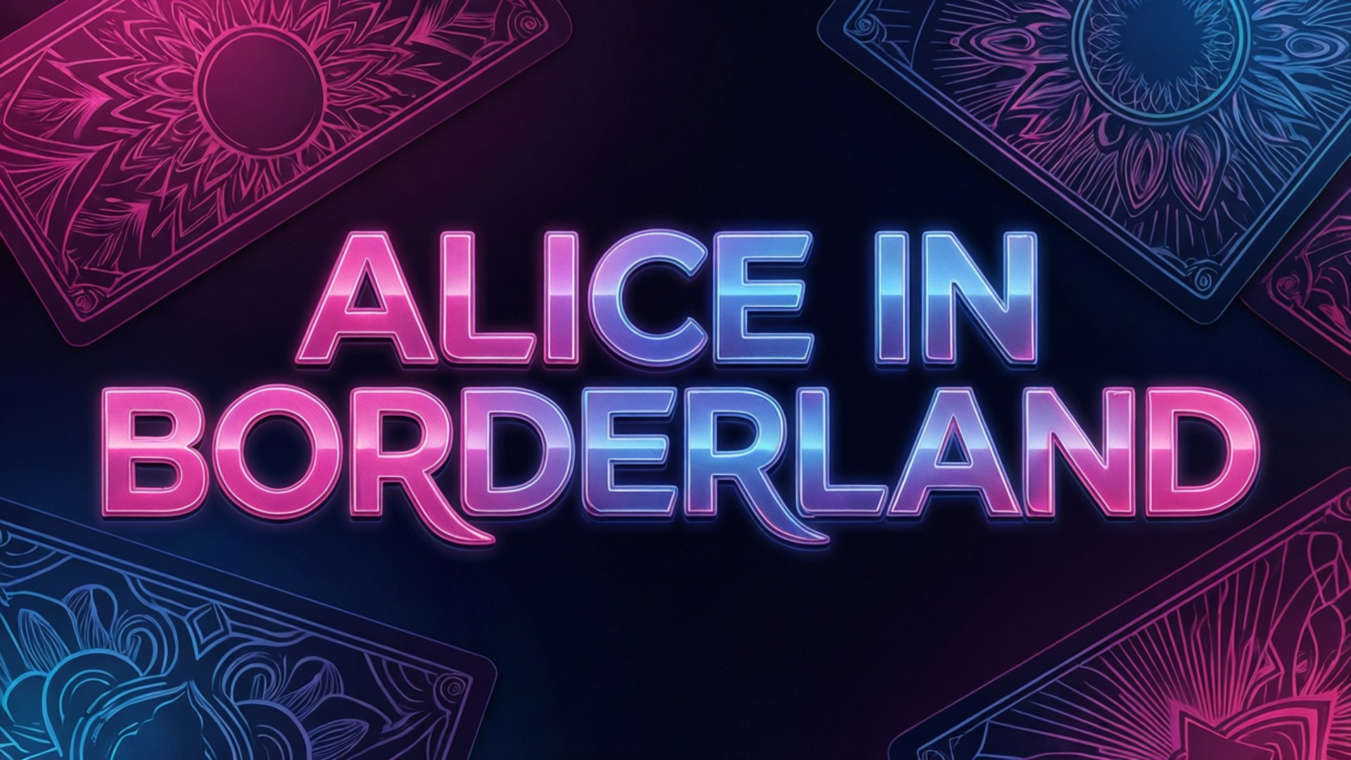 Alice In Borderland 桌布 壁紙 — 鮮豔的霓虹標題「Alice in Borderland」在裝飾性撲克牌框住的深色背景上發光。