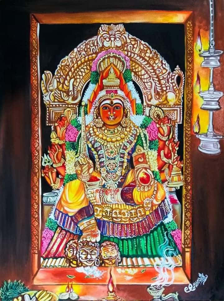  壁紙 — 一幅充滿活力的油畫，描繪了一位裝飾華麗的印度教女神坐在寶座上，周圍是精緻的金色飾物和花環。