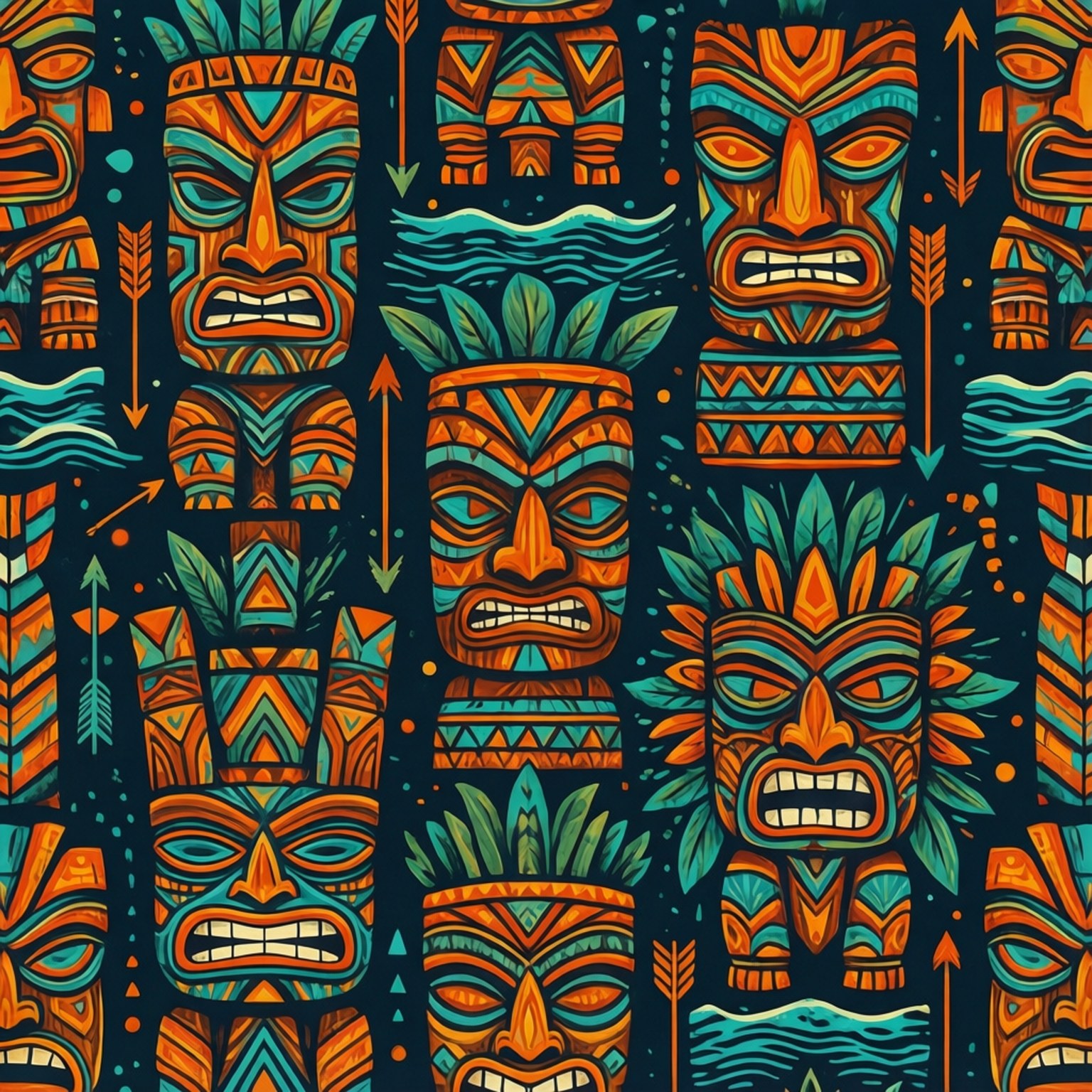 Tiki 桌布 壁紙 — 充滿活力的橙色和藍綠色圖騰面具，帶有兇猛的表情和幾何圖案，以大膽的部落無縫設計重複。