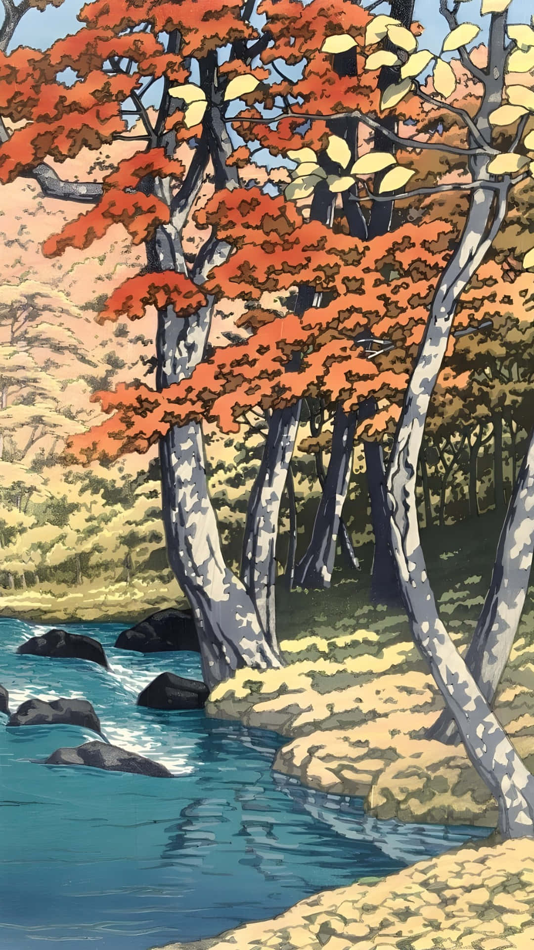  壁紙 — 充滿活力的橙色和黃色秋樹傾斜在流經長滿苔蘚岩石的清澈藍色河流上。