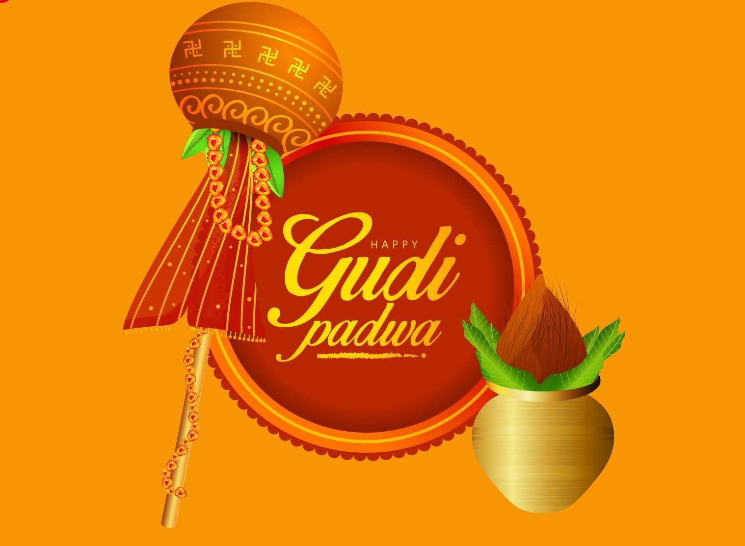 節日Gudi Padwa慶祝，在橙色背景上裝飾旗幟和鍋中的椰子。