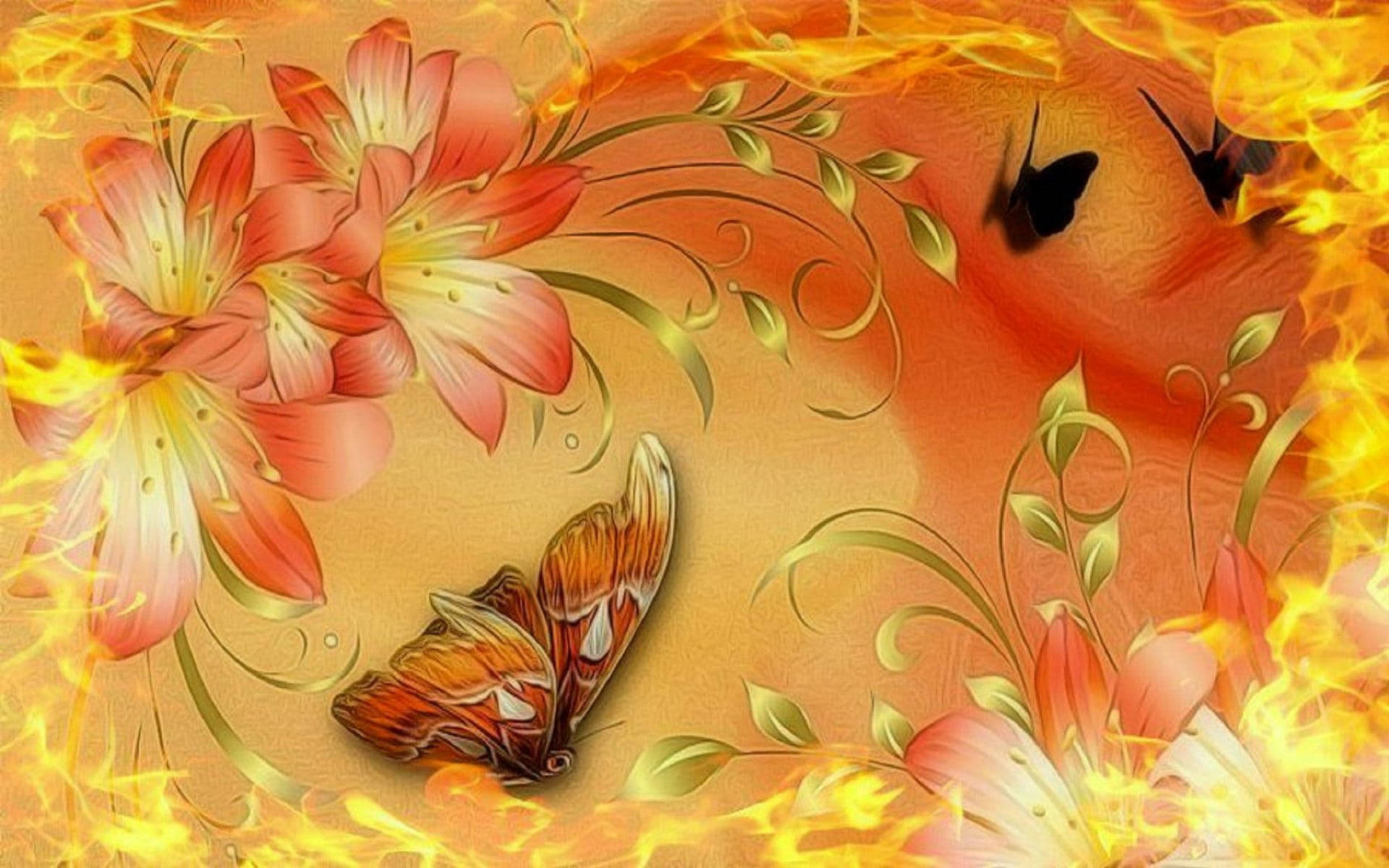 蝴蝶和百合在金色火焰中綻放，背景溫暖且帶有紋理。