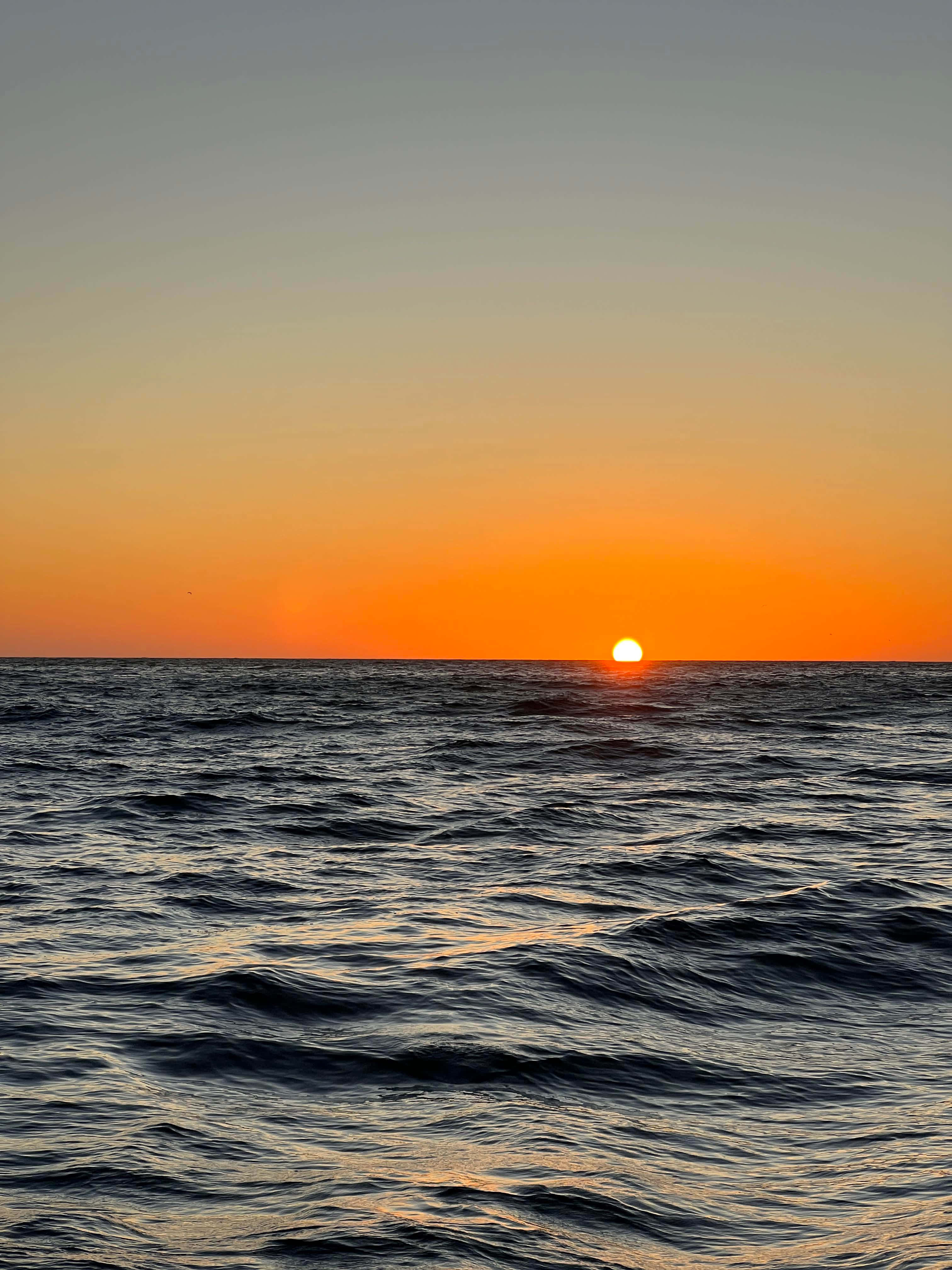 Sunset Ocean 桌布 壁紙 — 一顆充滿活力的橙色太陽在漸變天空下，在紋理海洋上方沉入地平線。