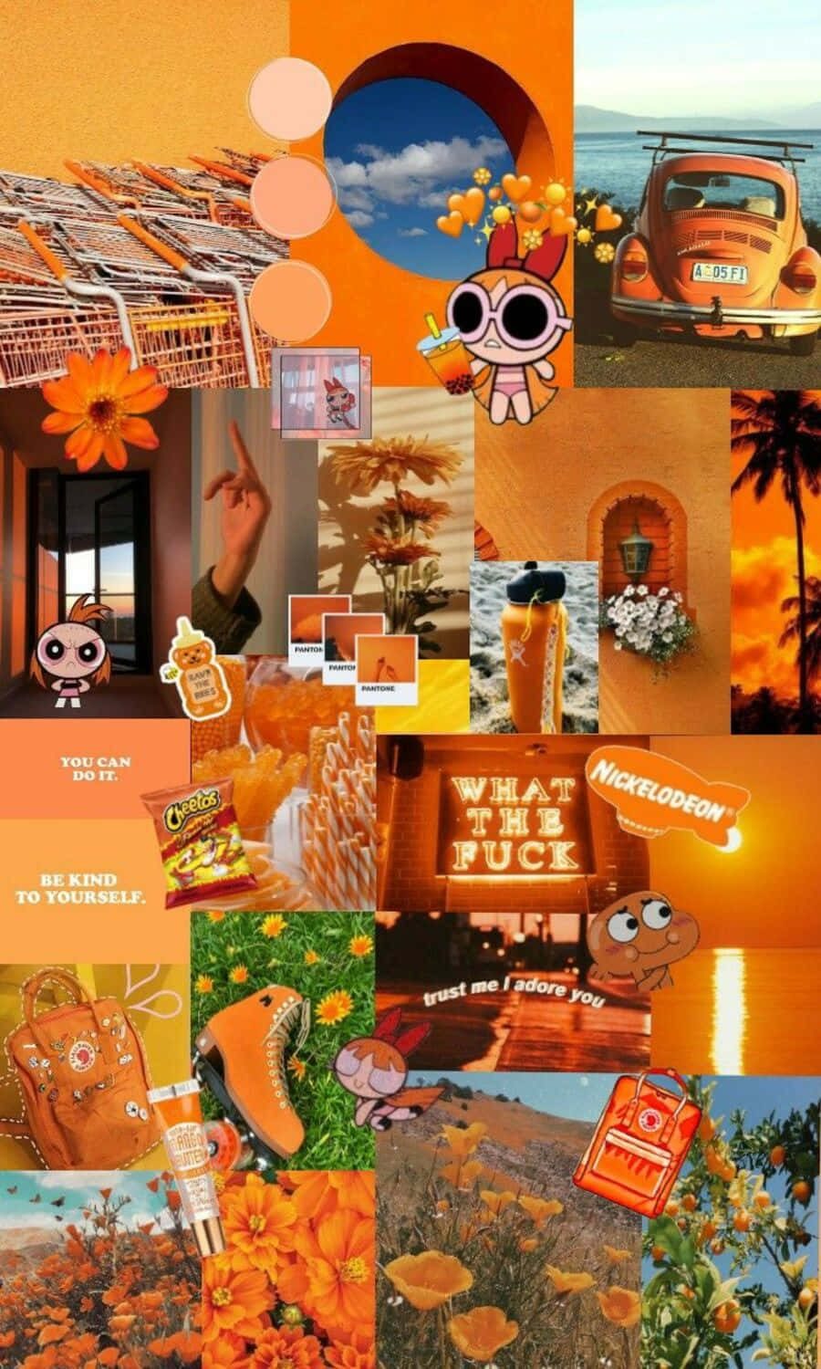 Vintage Orange Aesthetic 桌布 壁紙 — 充滿活力的橙色主題拼貼畫，包含飛天小女警、復古福士甲蟲車、花朵、零食和勵志名言。