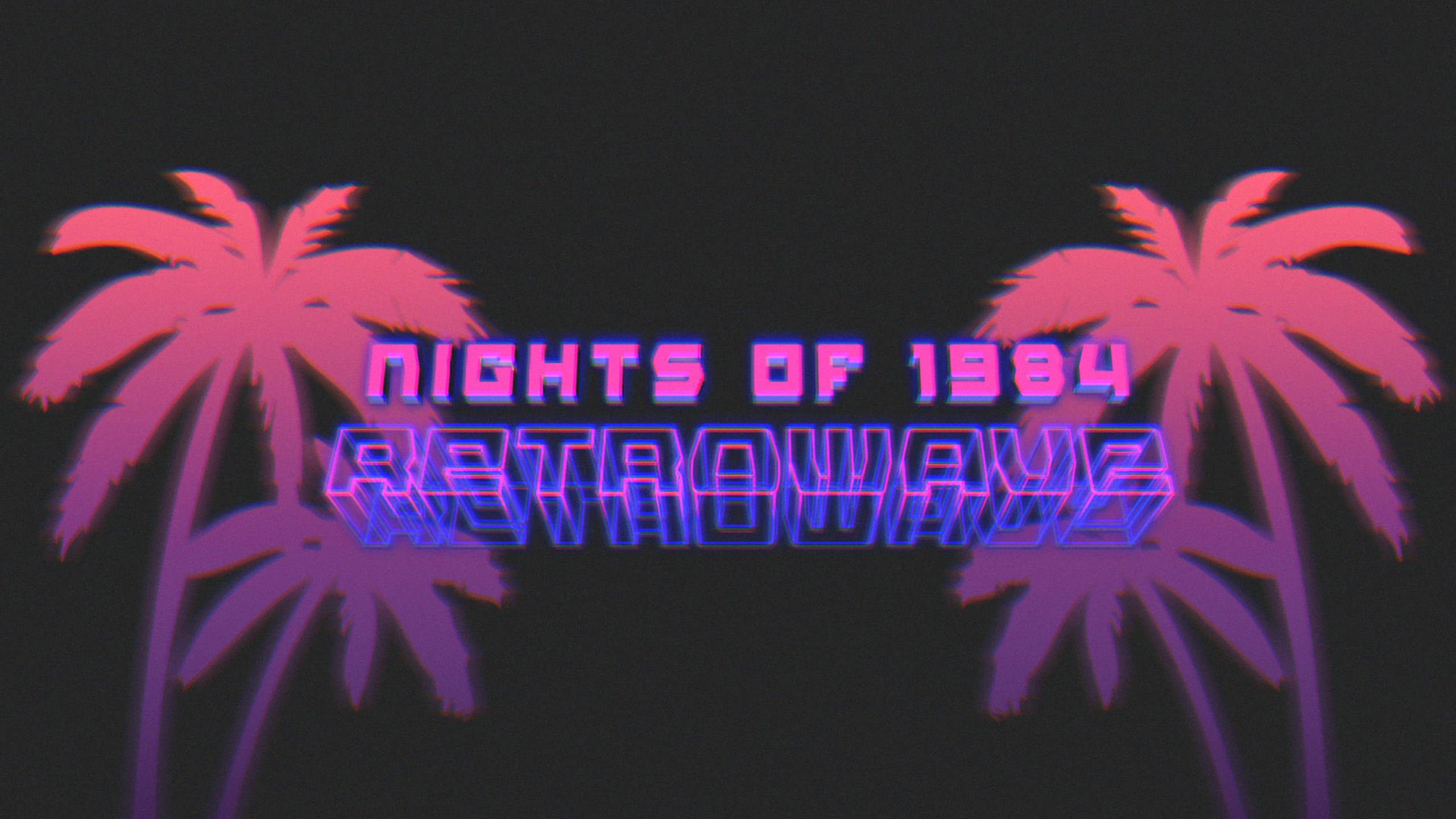 霓虹粉紅和紫色棕櫚樹，帶有發光的復古文字，寫著 nights of 1984。