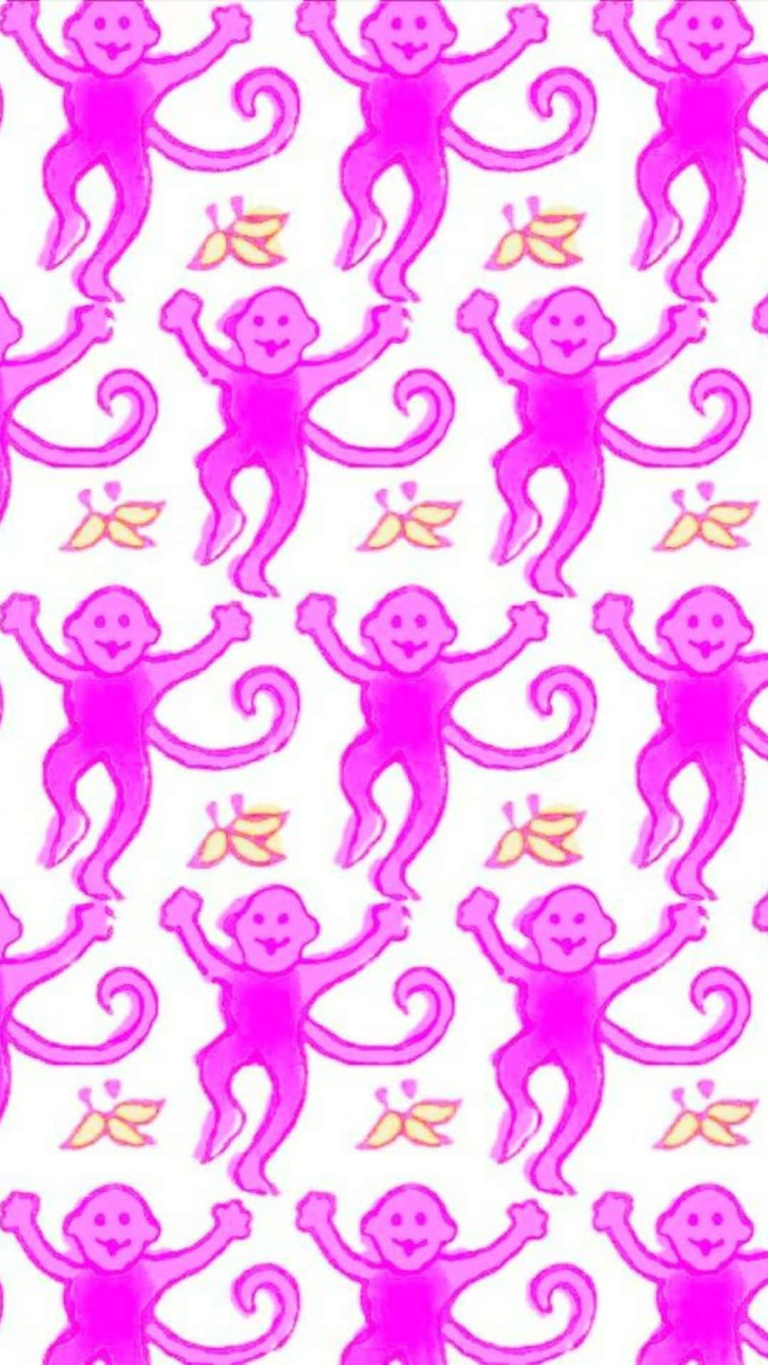  壁紙 — 鮮豔的粉紅色卡通猴子，帶有彎曲的尾巴和黃色蝴蝶，在白色背景上以俏皮的圖案重複。