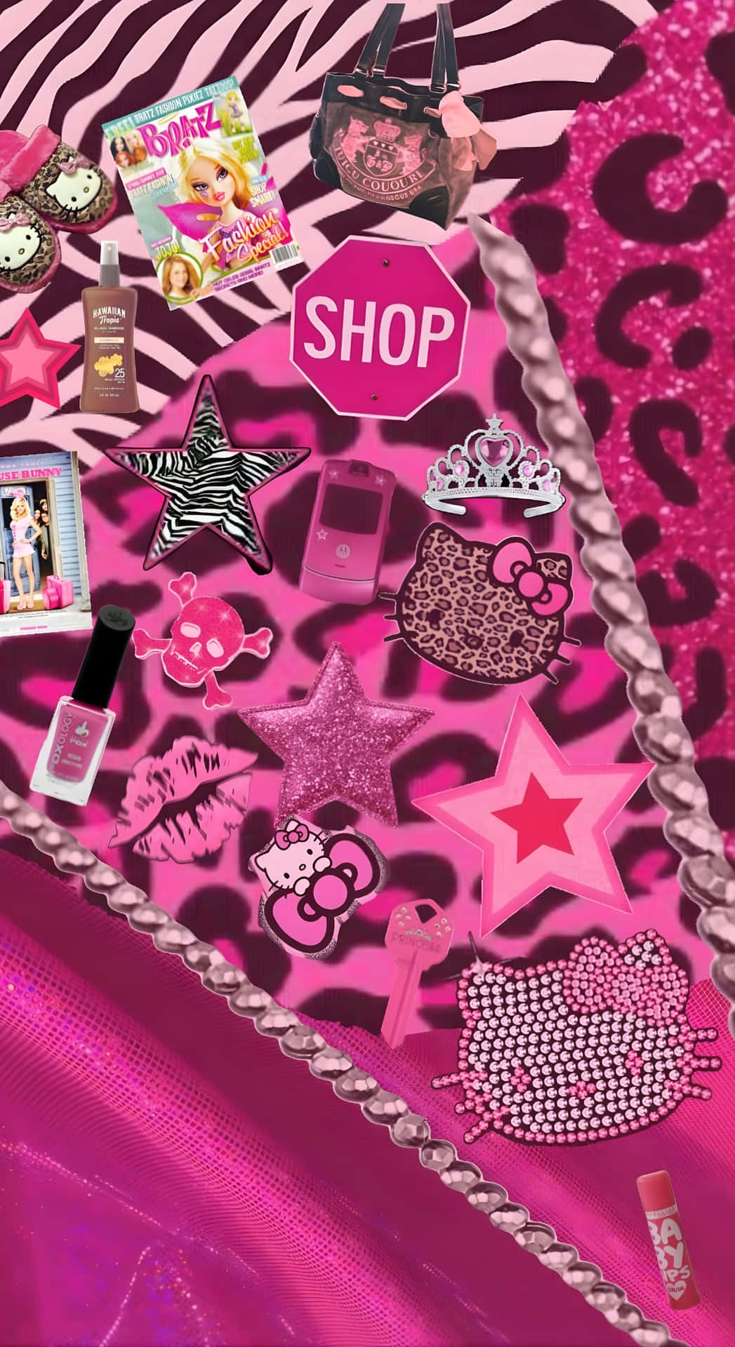  壁紙 — 在閃亮的斑馬紋背景上，以Hello Kitty商品和青少年時尚單品組成的充滿活力的粉紅色拼貼畫。