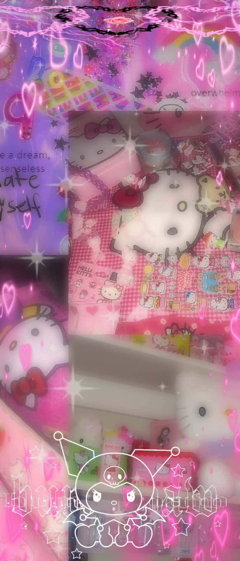  壁紙 — 充滿活力的粉紅色Hello Kitty牆紙拼貼，帶有閃亮心形、閃光和卡通人物，營造夢幻美感。