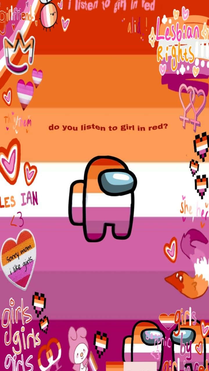 帶有彩虹條紋的 Among Us 角色，被心形和 LGBTQ+ 主題文字環繞。