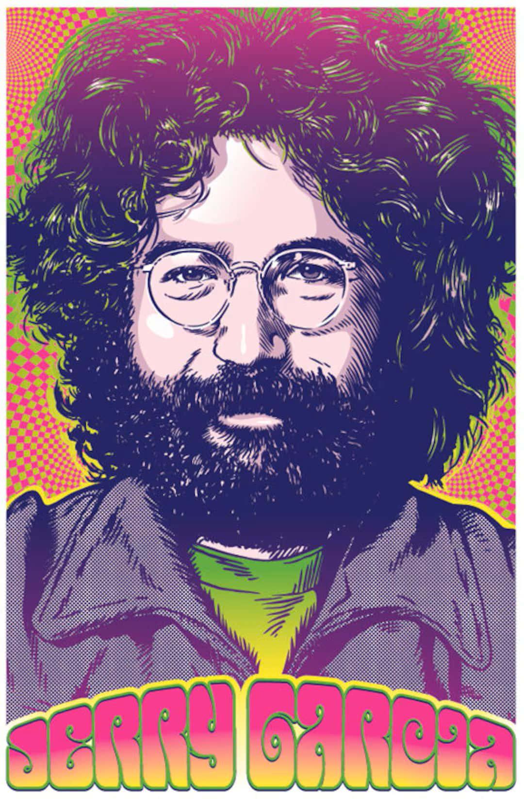  壁紙 — Jerry Garcia 的充滿活力的普普藝術肖像，帶有迷幻色彩和半色調背景。