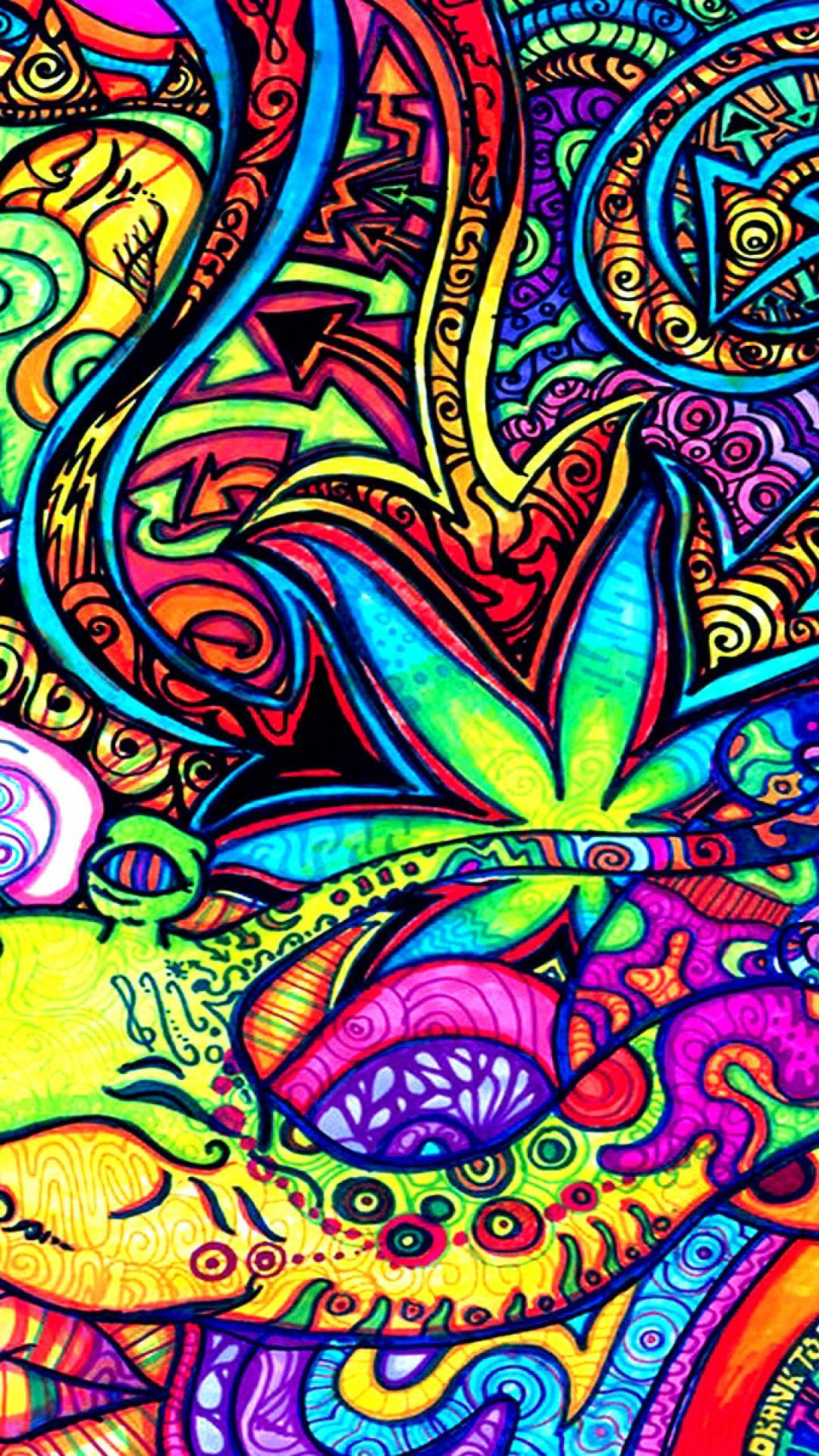 迷幻插圖，帶有發光的大麻葉和旋轉的彩色圖案。