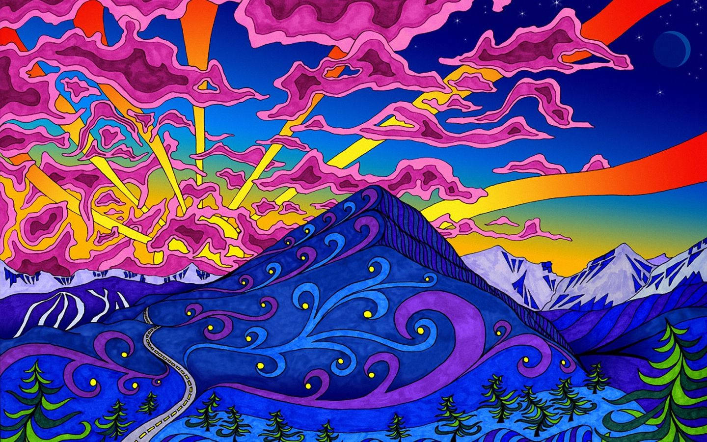 色彩繽紛的插圖山景，有蜿蜒的道路和超現實的天空。