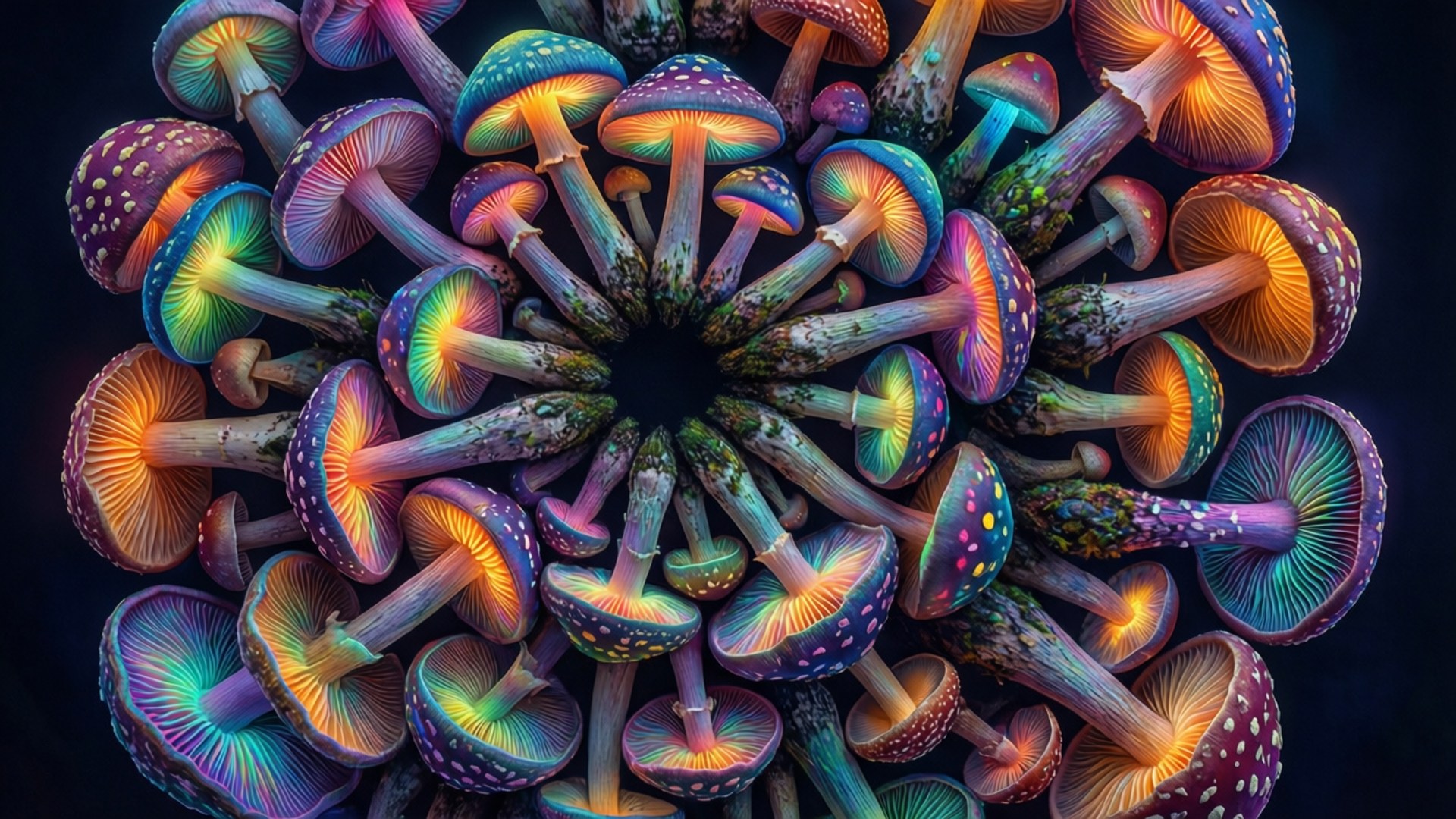 Shroom Mandala 壁紙 — 鮮豔的迷幻蘑菇在深色背景上以對稱的圓形圖案放射。