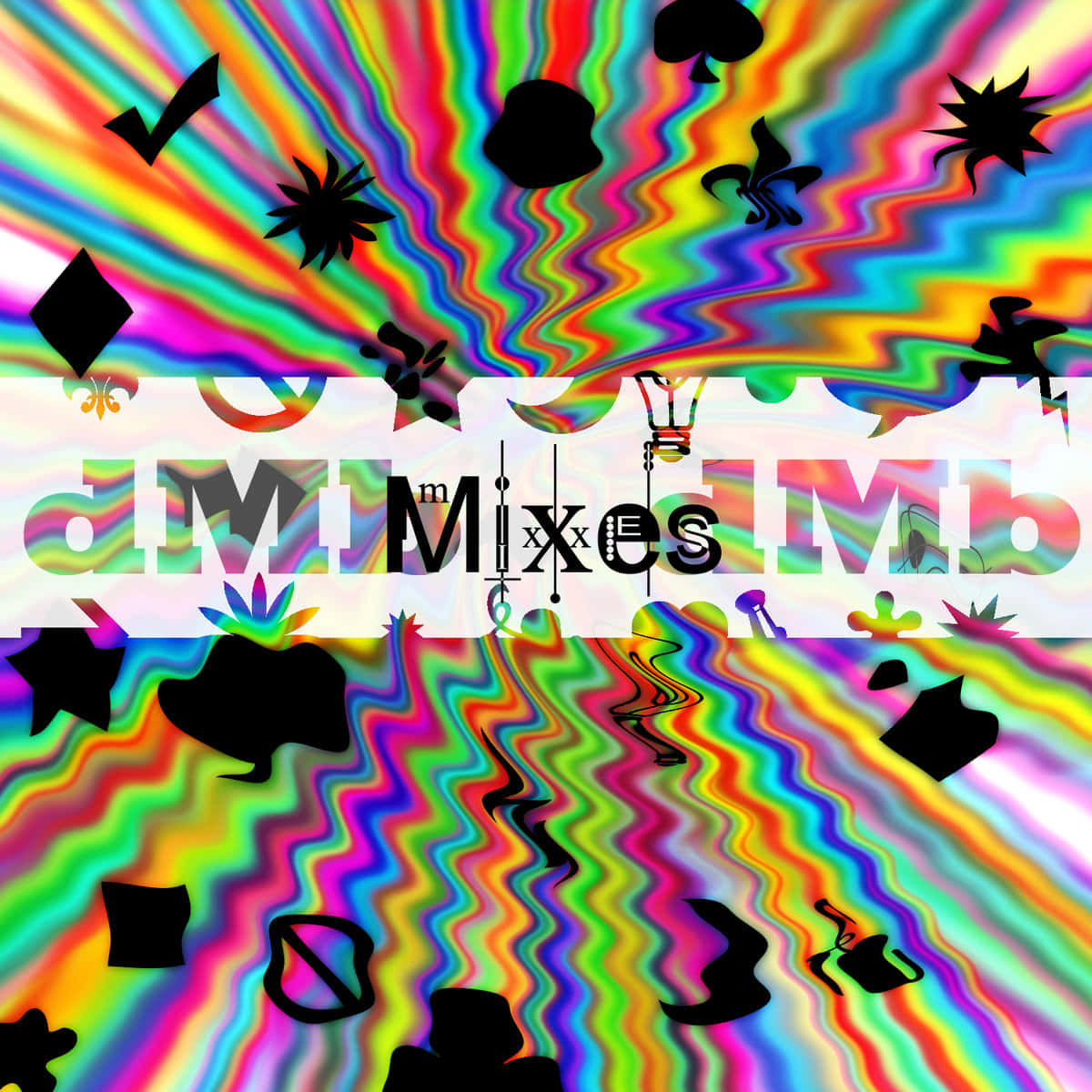 Scenecore 桌布 壁紙 — 鮮豔的迷幻彩虹波浪在粗體黑色符號和單詞「Mixes」後面波動，採用故障數位藝術風格。