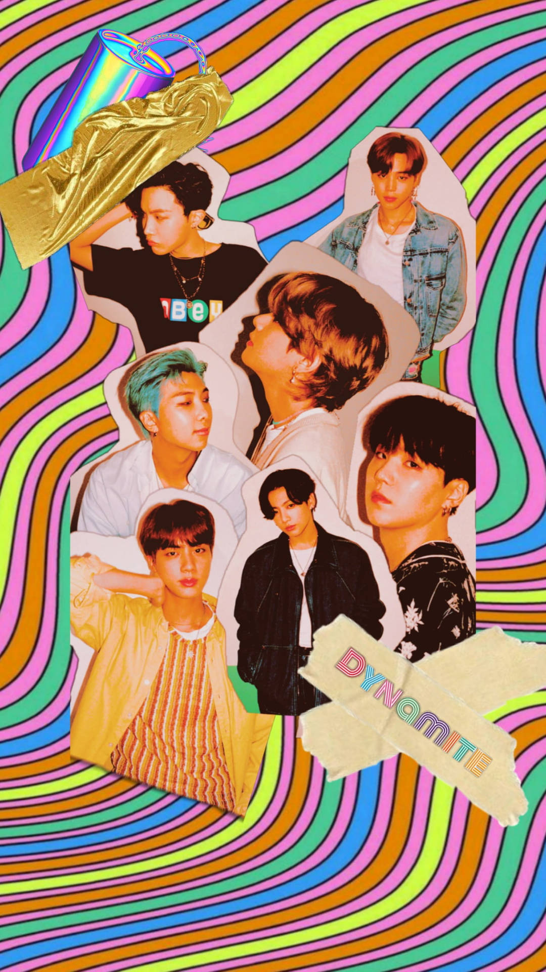 BTS成員在迷幻彩虹背景上的拼貼畫，帶有'DYNAMITE'文字。