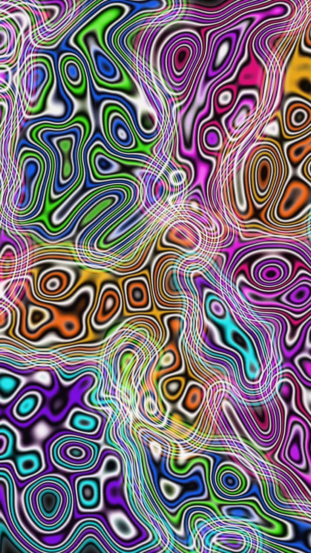 穿越迷幻仙境的繽紛之旅 壁紙 — 充滿活力的迷幻霓虹色彩漩渦以催眠般的起伏圖案在畫布上流動。