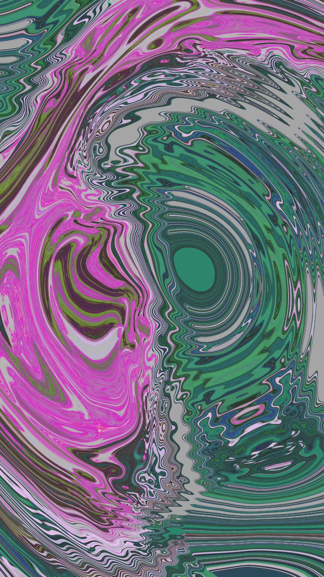 壁紙 — 粉紅、綠色和灰色的鮮豔迷幻漩渦，營造出迷人的流體漩渦效果。