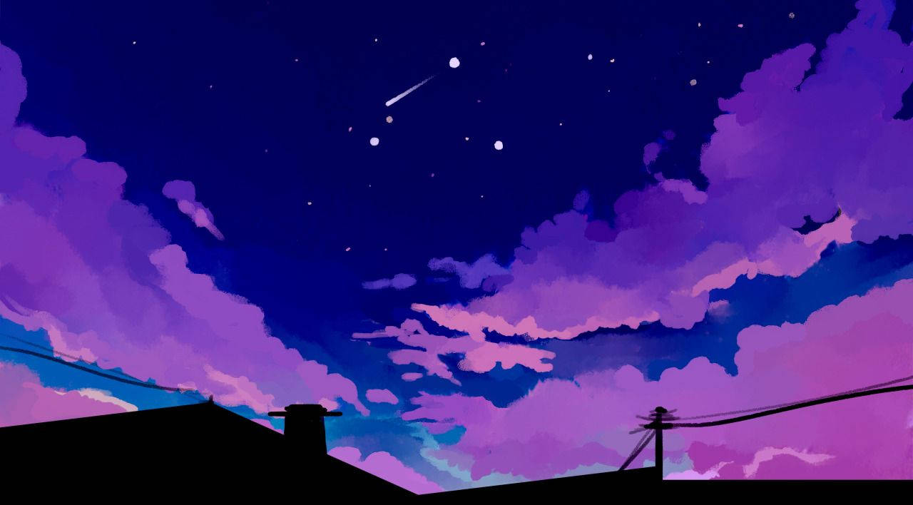紫色和藍色夜空，星星和流星在屋頂和電線上方。