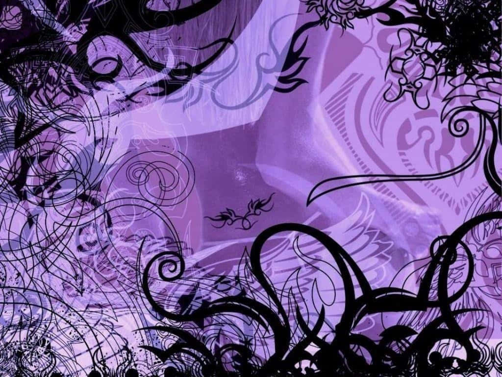  壁紙 — 充滿活力的紫色背景，飾以複雜的黑色漩渦花卉和部落圖案，營造出動態的抽象設計。