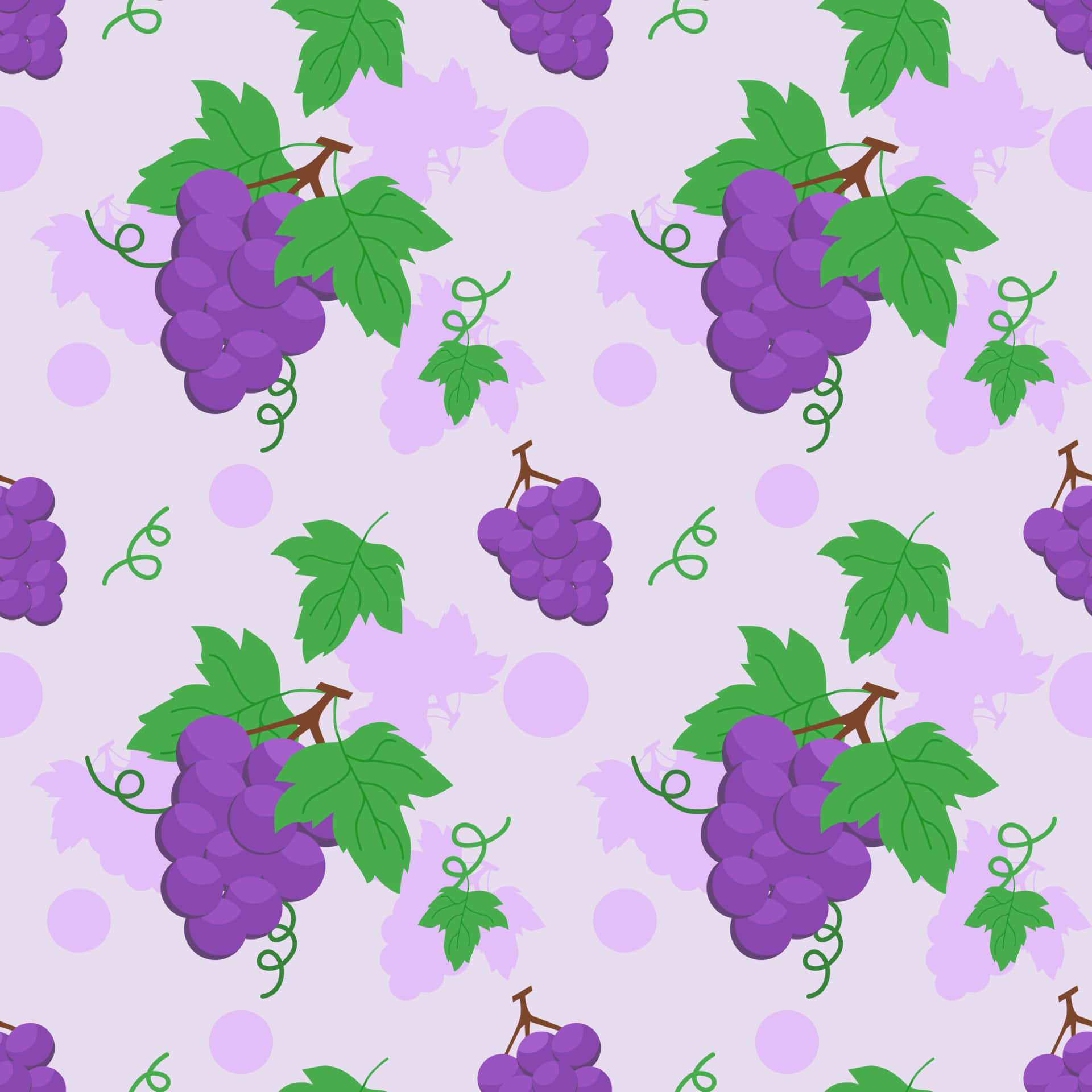 Purple Grapes 桌布 壁紙 — 鮮豔的紫色葡萄串和綠色葉子在柔和的薰衣草背景上重複，帶有微妙的圓形圖案。