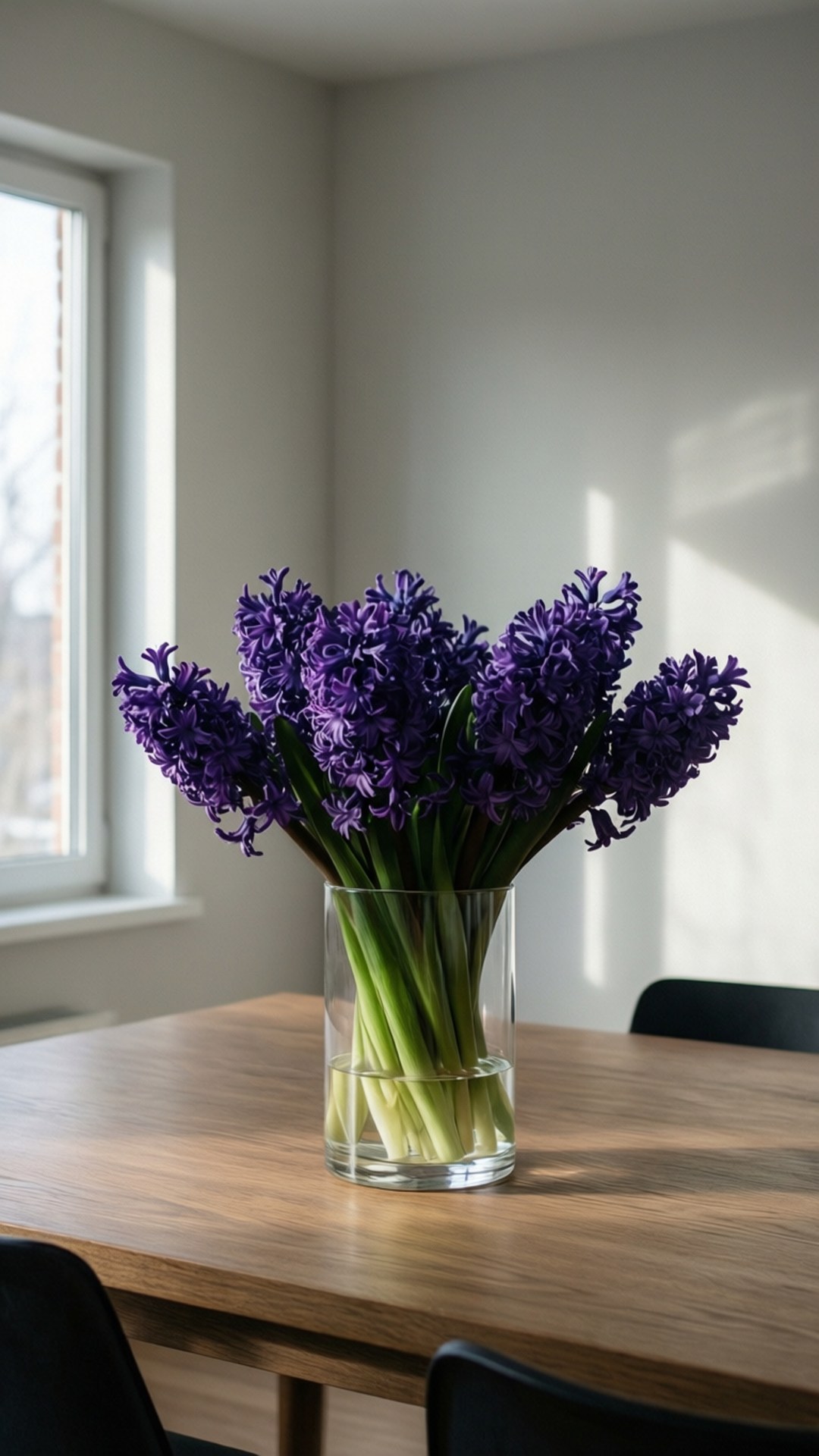 Hyacinth 桌布 壁紙 — 鮮豔的紫色風信子插在透明玻璃花瓶中，放在木桌上，沐浴在附近窗戶透進的柔和自然光中。