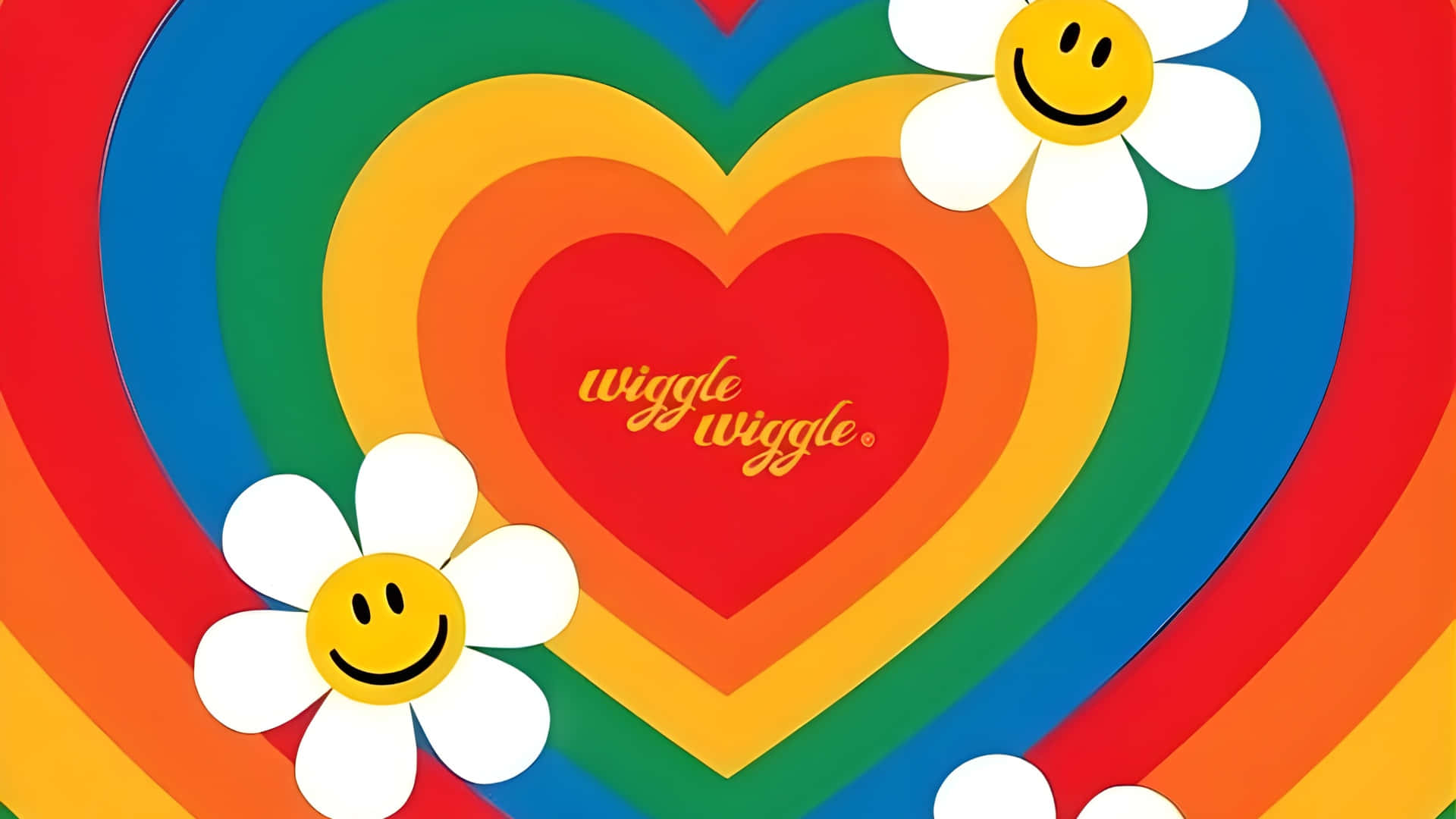  壁紙 — 充滿活力的彩虹心形，配有微笑雛菊和「wiggle wiggle」文字，復古風格。