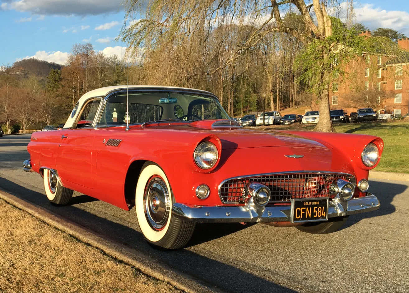 Ford Thunderbird 桌布 壁紙 — 一輛鮮紅色的1955年福特雷鳥，配備白色輪胎，在金色夕陽下閃閃發光，停泊在郊區街道上。