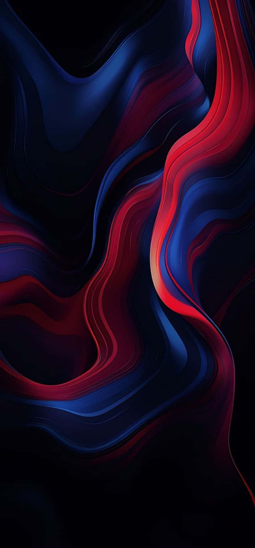  壁紙 — 鮮紅色和深藍色的液體波浪在黑色背景上動態流動，形成數位抽象構圖。
