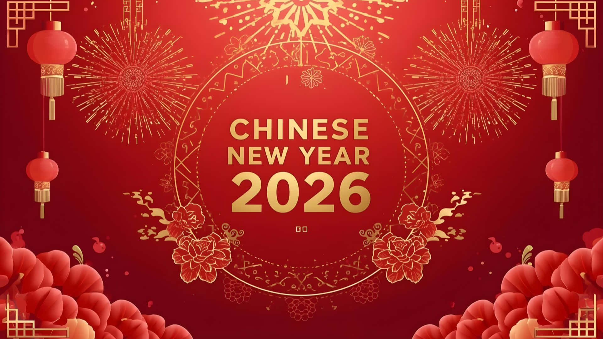  壁紙 — 充滿活力的紅色和金色2026年中國新年慶祝設計，帶有燈籠、煙花和花卉圖案。
