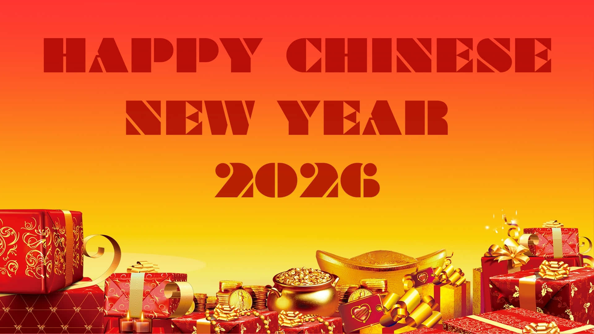  壁紙 — 在溫暖漸變背景上，以禮物、金幣和金條呈現充滿活力的紅色和金色2026年農曆新年慶祝。