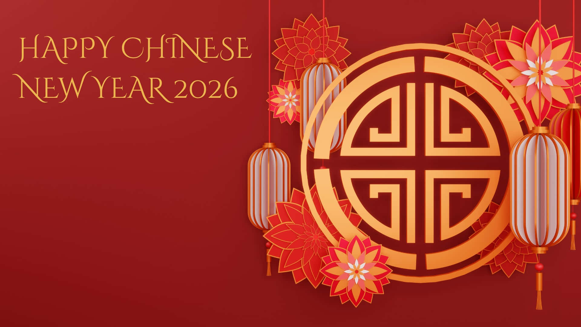  壁紙 — 色彩鮮豔的紅金色2026年中國新年賀卡，飾有傳統燈籠、花卉圖案和圓形吉祥符號。