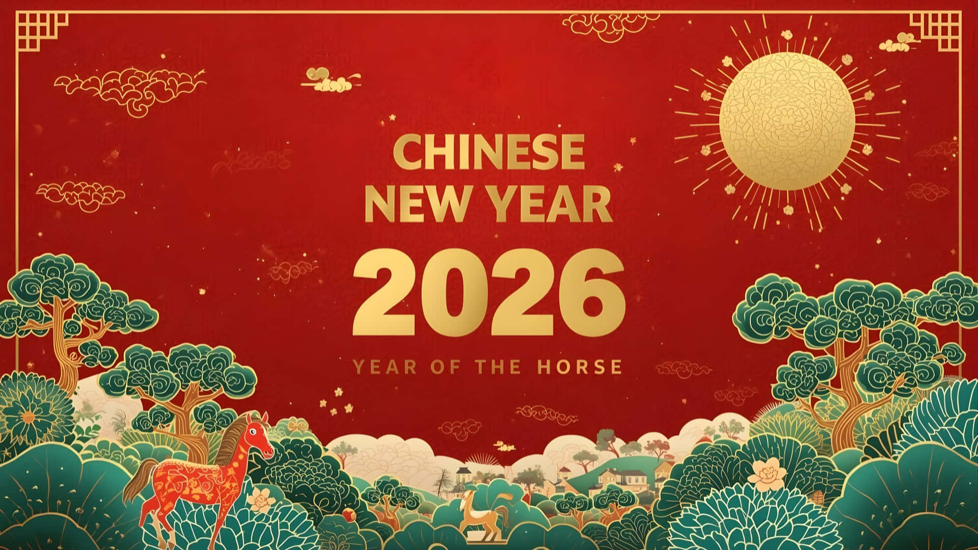  壁紙 — 充滿活力的紅色和金色2026年中國新年壁紙，以風格化的馬匹為特色，點綴華麗的樹木和雲彩，在燦爛的陽光下。