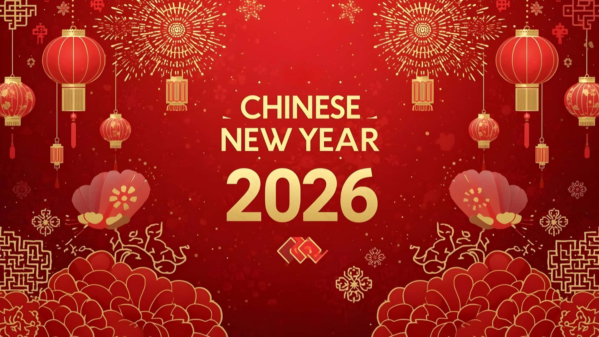  壁紙 — 充滿活力的紅色和金色2026年中國新年壁紙，配有懸掛燈籠、煙花和花卉圖案。