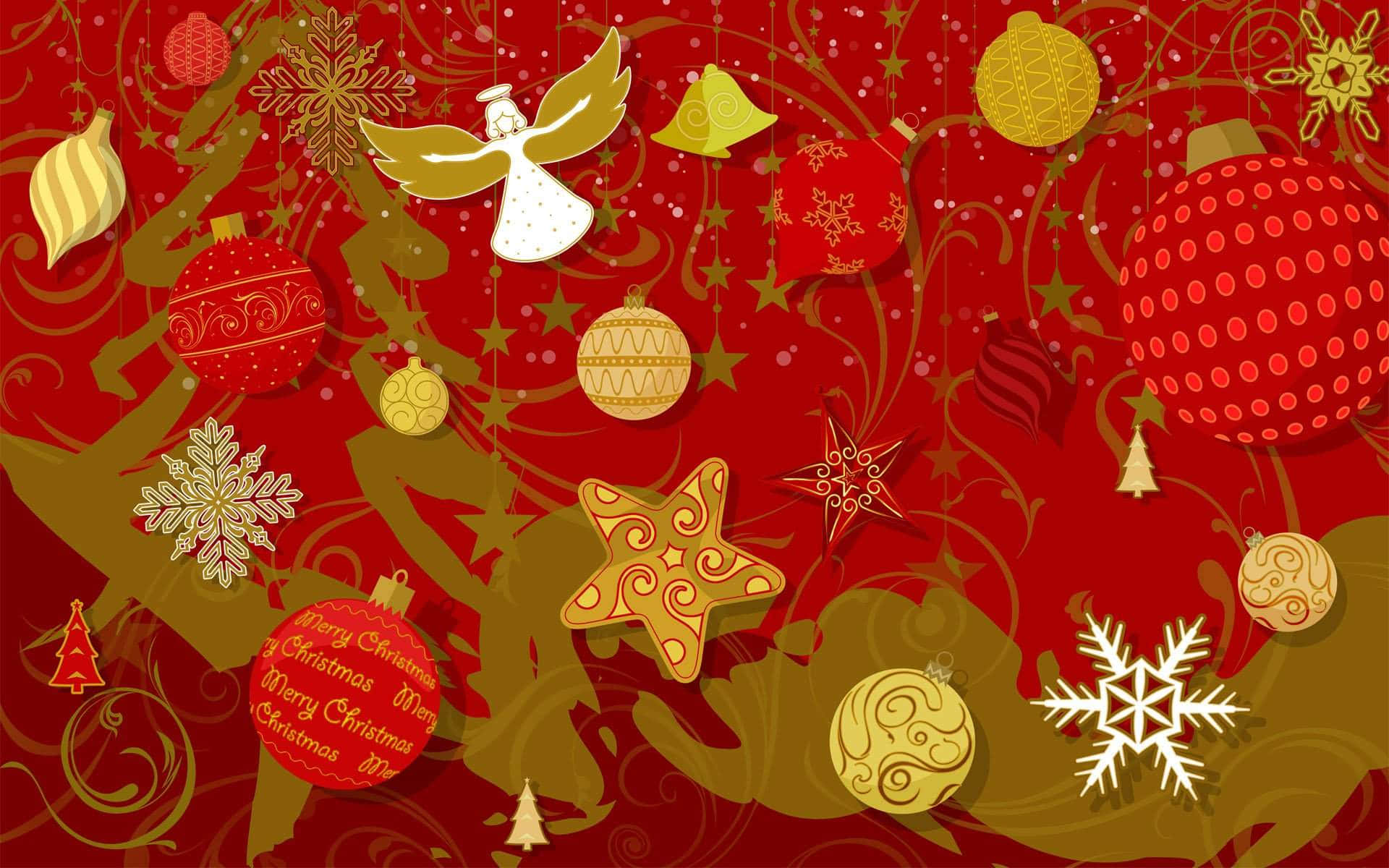  壁紙 — 鮮豔的紅色和金色聖誕裝飾品、雪花和天使在旋轉的節日圖案中漂浮。